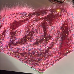 SHEIN pink fuzzy trim asymmetrical hem tube top